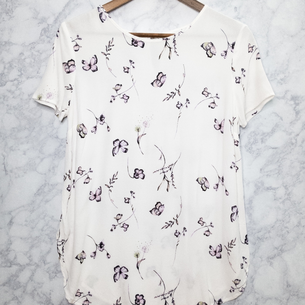 Floral Blouse Womens Size S LC Lauren Conrad Short Sleeve With Butterflies